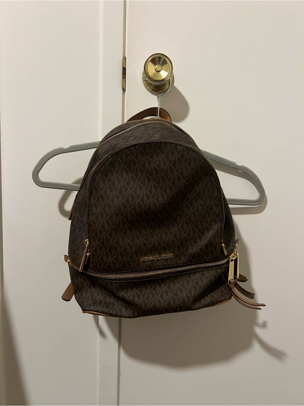 Michael Kors Dark Brown MK Monogram Mini Backpack with Gold Hardware